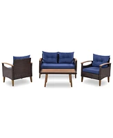 Streamdale Furniture 4-Piece Garden Furniture, Patio Seating Set, Pe Rattan Outdoor Sofa Set, Wood Table And Legs