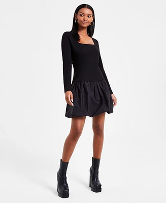 Bar Iii Women's Mixed Media Long-Sleeve Bubble-Hem Dress, Exclusively at Macy's