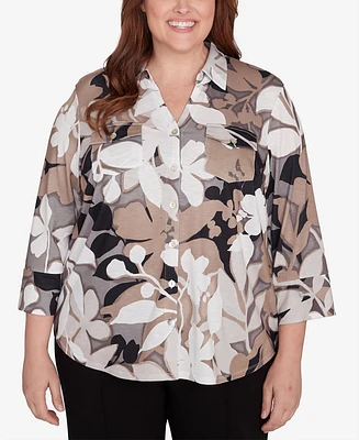 Alfred Dunner Plus Romancing the Stone Shadow Leaf Print Button Front Top