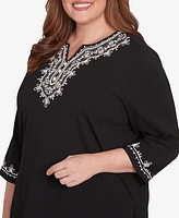 Alfred Dunner Plus Romancing the Stone Split Neck Scroll Embroidered Top