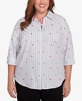 Alfred Dunner Plus Wild at Heart Woven Button Down Top with Stripes Hearts