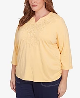 Alfred Dunner Plus Block Island Tonal Embroidered Ruched Top