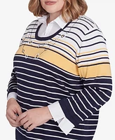 Alfred Dunner Plus Block Island Striped Two One Collared Sweater with Necklace