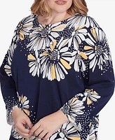 Alfred Dunner Plus Block Island Embellished Daisy Crew Neck Sweater