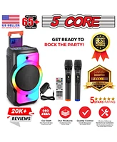 5 Core Bluetooth Speaker 2 Wireless Microphones Karaoke Machine 12" inch woofer Portable Singing Pa System w Dj Light + Fm + Usb + Aux