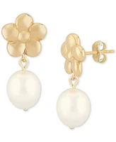 Macy's White Pearl (10mm) Flower Drop Earrings in 14k Yellow Gold