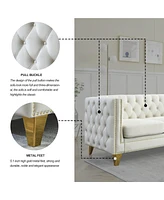 Streamdale Furniture Beige Velvet Sofa with Tufted Arms and Metal Legs