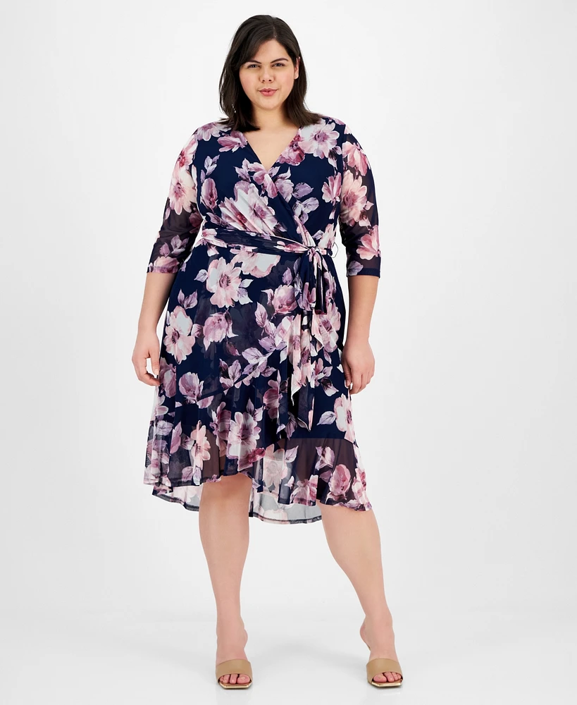 Connected Plus 3/4-Sleeve Ruffle-Trimmed Wrap Dress