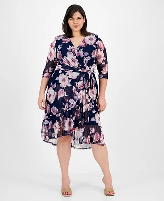 Connected Plus 3/4-Sleeve Ruffle-Trimmed Wrap Dress