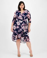 Connected Plus 3/4-Sleeve Ruffle-Trimmed Wrap Dress