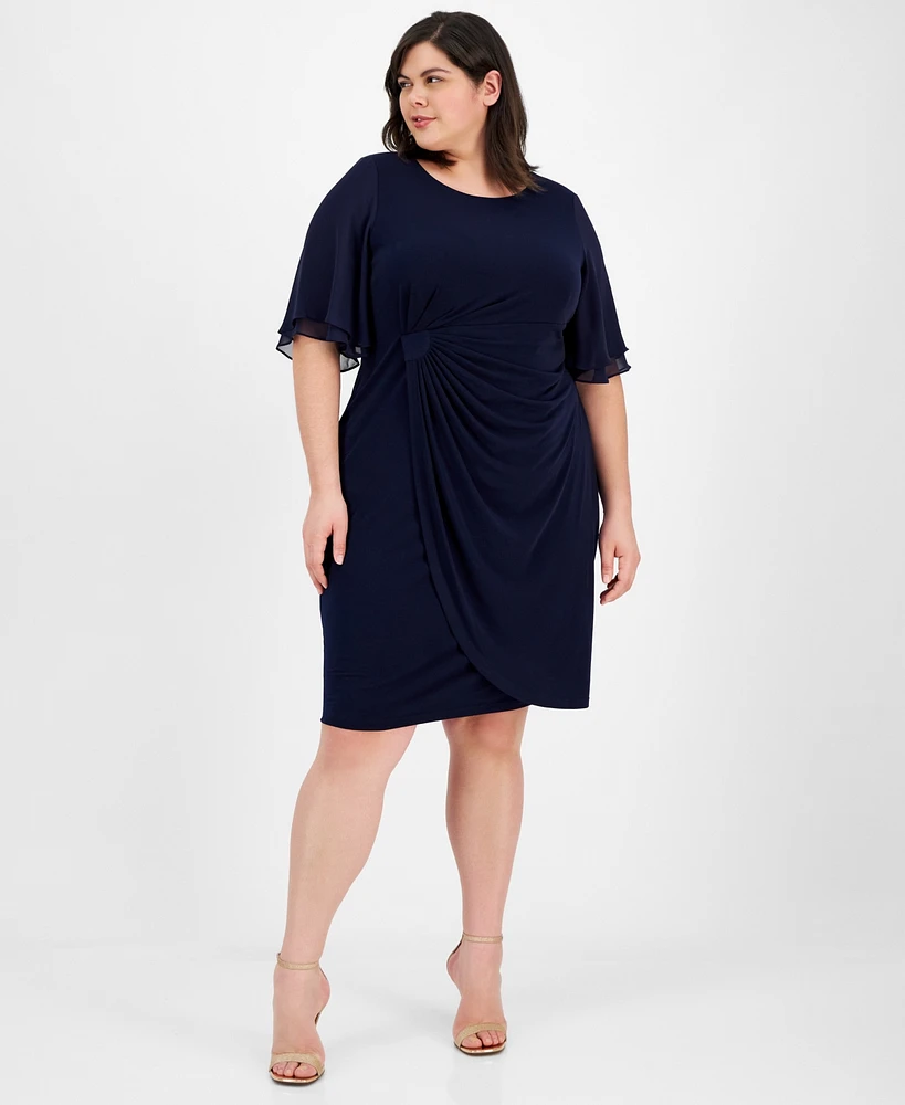 Connected Plus Draped Flutter-Sleeve Sheath Dress