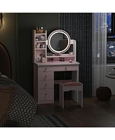 Famapy 5-Drawers Pink Makeup Vanity Dressing Table Set with Stool, Mirror and Storage Shelves Girls