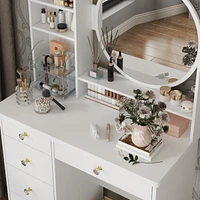 Famapy 5-Drawers Pink Makeup Vanity Dressing Table Set with Stool, Mirror and Storage Shelves Girls Dressing Table