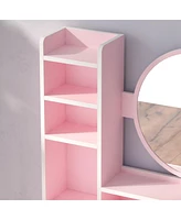 Famapy 5-Drawers Pink Makeup Vanity Dressing Table Set with Stool, Mirror and Storage Shelves Girls