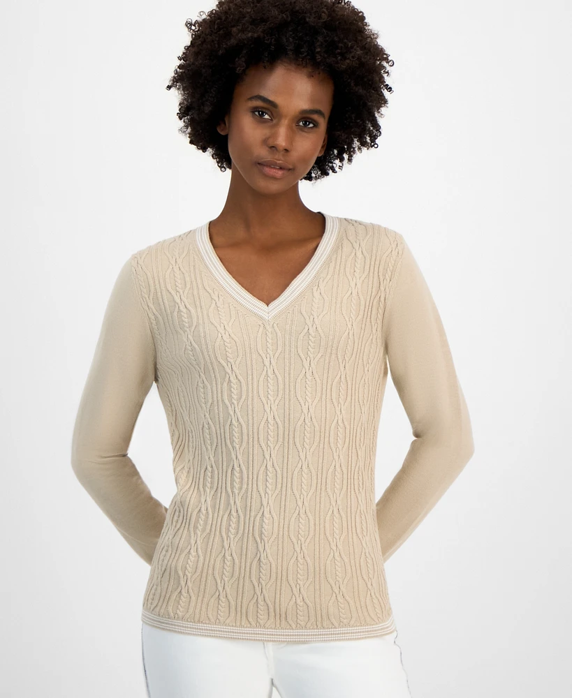 Tommy Hilfiger Women's Cotton Cable-Knit Contrast-Trim Sweater