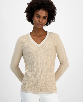 Tommy Hilfiger Women's Cotton Cable-Knit Contrast-Trim Sweater