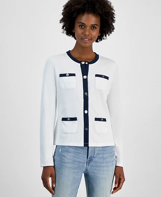 Tommy Hilfiger Women's Ribbed Contrast-Trim Button Faux Cardigan