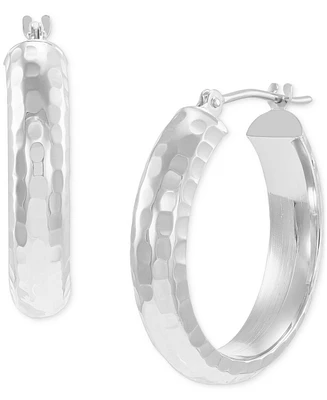 Small Polished Hammered Tube Hoop Earrings in 14k White Gold, 7/8"