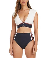 Bleu By Rod Beattie Womens Button Down Cap Sleeve Cropped Bikini Top High Waisted Bottoms