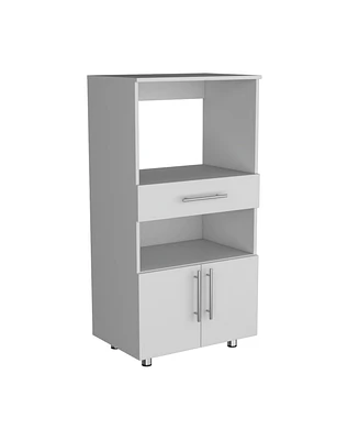 Wales Kitchen Pantry 48" H, Two Open Storage Shelves, One for Microwave, Two Doors, Four Legs