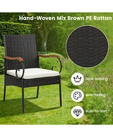 Sugift Set of 4 Outdoor Pe Wicker Chairs with Acacia Wood Armrests