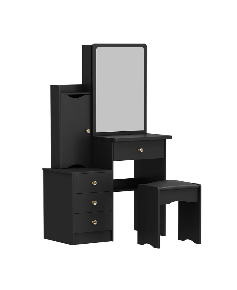 Homsee Black Wood Sliding Big Mirror Makeup Vanity Sets Dresser Table With Cabinet, Storage Shelves, 4-Drawers and Stool