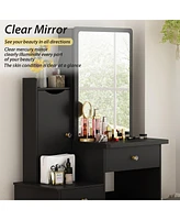 Homsee Black Wood Sliding Big Mirror Makeup Vanity Sets Dresser Table With Cabinet, Storage Shelves, 4-Drawers and Stool