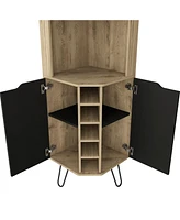 Depot E-Shop Bursan Corner Cabinet Six Built-in Wine Rack, Two Shelves, Four Shelves, Macadamia / Black