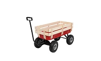 Slickblue Garden Wagon with Iron Frame and Wood Panels, Four-Wheel Design for Outdoor Gardening