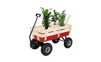Slickblue Garden Wagon with Iron Frame and Wood Panels, Four-Wheel Design for Outdoor Gardening
