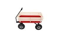 Slickblue Garden Wagon with Iron Frame and Wood Panels, Four-Wheel Design for Outdoor Gardening