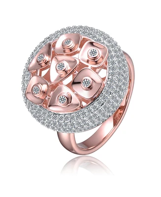 Genevive Sterling Silver Two-Tone with Clear Cubic Zirconia Cocktail Ring-White Gold Plated and 18k Rose Gold Plated