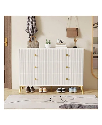 gaomon Modern White And Gold 6-Drawer Dresser With Fluted Design - Stylish Wood Storage Chest For Bedroom, Living Room, Closet, Hallway