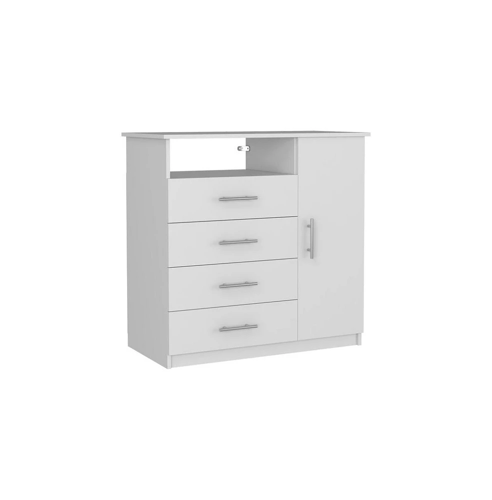 Rioja 4 Drawer Dresser, One Open Shelf, Superior Top, Single Door Cabinet, White