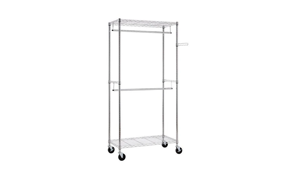 Slickblue Heavy-Duty Chrome Closet Organizer Garment Rack with Clothes Hanger and Home Shelf for Storage