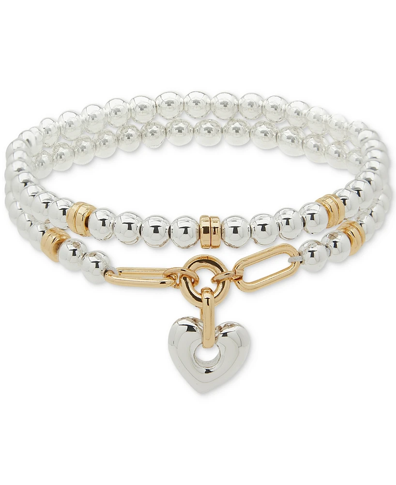 Anne Klein Two-Tone Heart Charm Beaded Double Row Stretch Bracelet