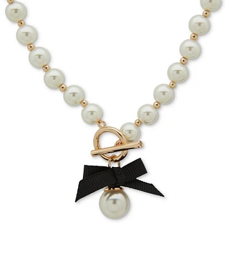 Anne Klein Gold-Tone Imitation Pearl & Black Bow Toggle Pendant Necklace, 16" + 3" extender