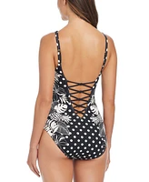 Bleu by Rod Beattie Women's Double-Trouble Polka-Dot Lace-Down One-Piece Swimsuit