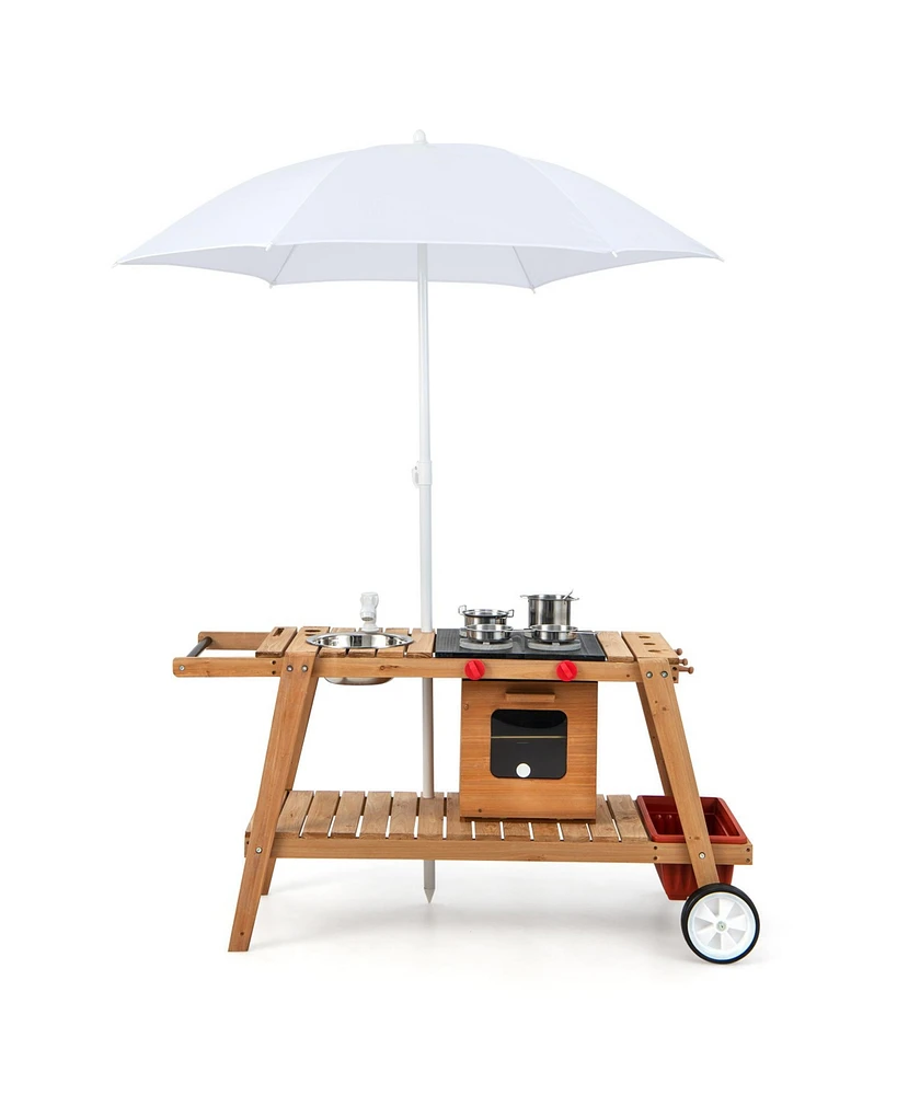 Hongge Wooden Play Cart for Toddlers Over 3 Years Old with Sun Proof Umbrella