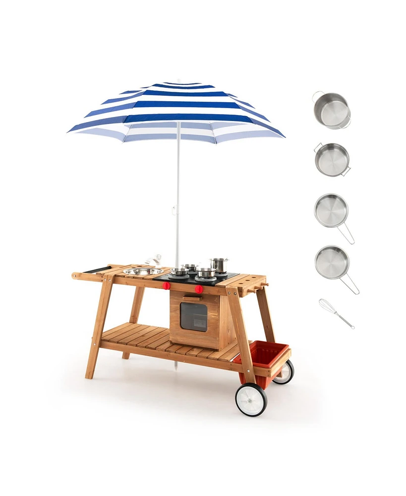 Hongge Wooden Play Cart with Sun Proof Umbrella for Toddlers Over 3 Years Old-Blue