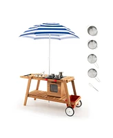 Hongge Wooden Play Cart with Sun Proof Umbrella for Toddlers Over 3 Years Old-Blue