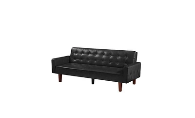 Slickblue Black Convertible Double Folding Sofa Bed in Pu Leather with Tufted Buttons and Removable Wooden Feet for Living Room