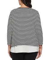 Rafaella Plus Stripe Rivet Detail Layered 3/4 Sleeve Top