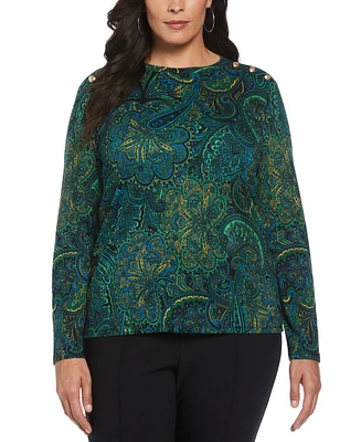 Rafaella Plus Size Paisley Print Button Detail Long Sleeve Top