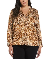 Rafaella Plus Animal Print Shine Satin Long Sleeve Blouse