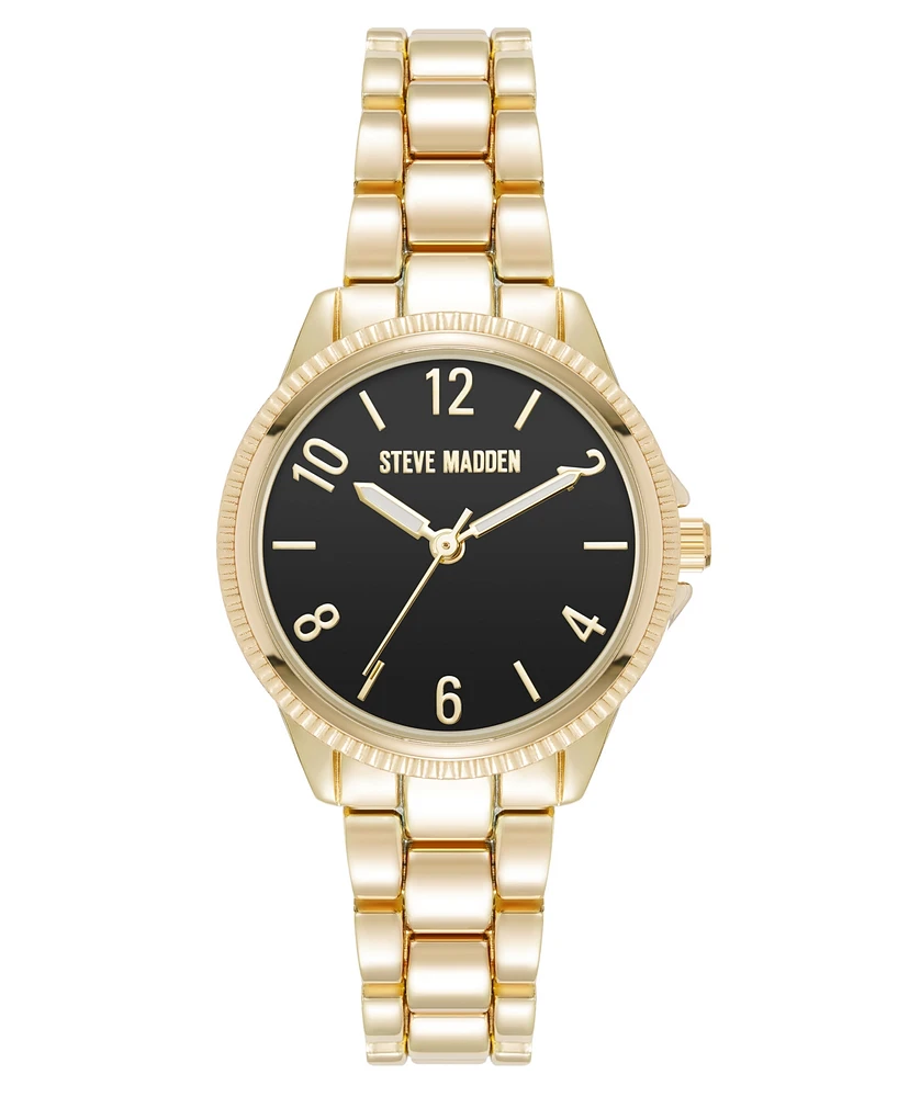 Steve Madden Women's Everyday Black and Gold-Tone Alloy Metal Bracelet Watch, 30mm