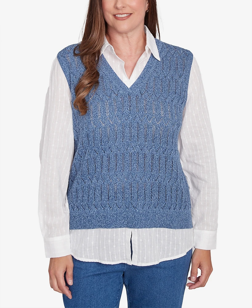 Alfred Dunner Women's Lake Victoria Collared Vest Two One Sweater