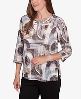 Alfred Dunner Women's Romancing the Stone Geometric Patch Print Top