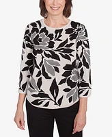 Alfred Dunner Women's Romancing the Stone Floral Jacquard Crew Neck Sweater