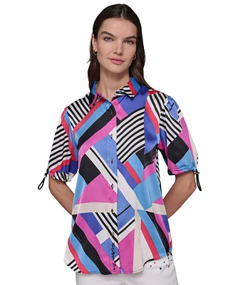 Karl Lagerfeld Paris Petite Geo-Print Bungee-Cuff Blouse